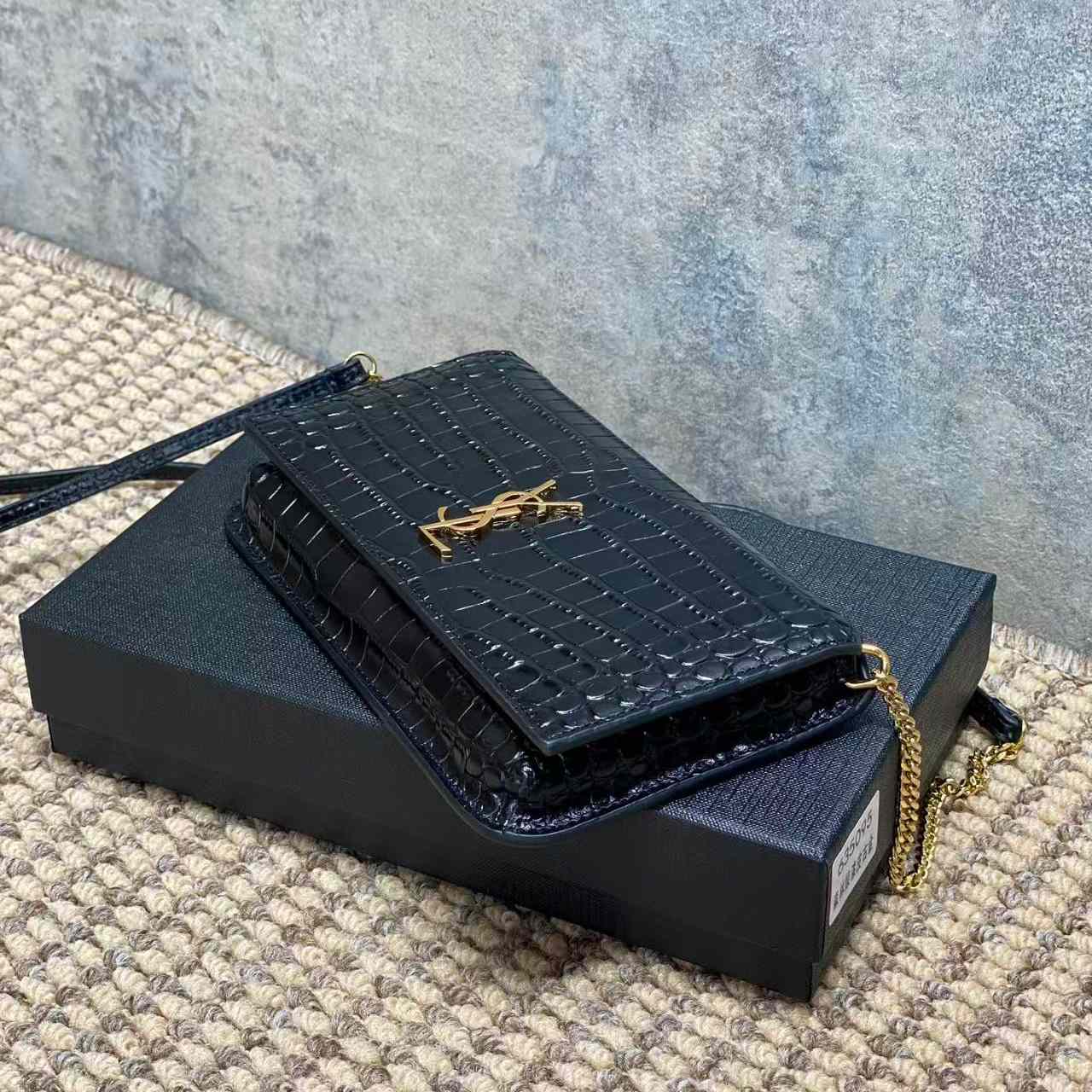 Saint Laurent CASSANDRE Phone Holder In SHINY Crocodile-Embossed Leather - DopestKickz