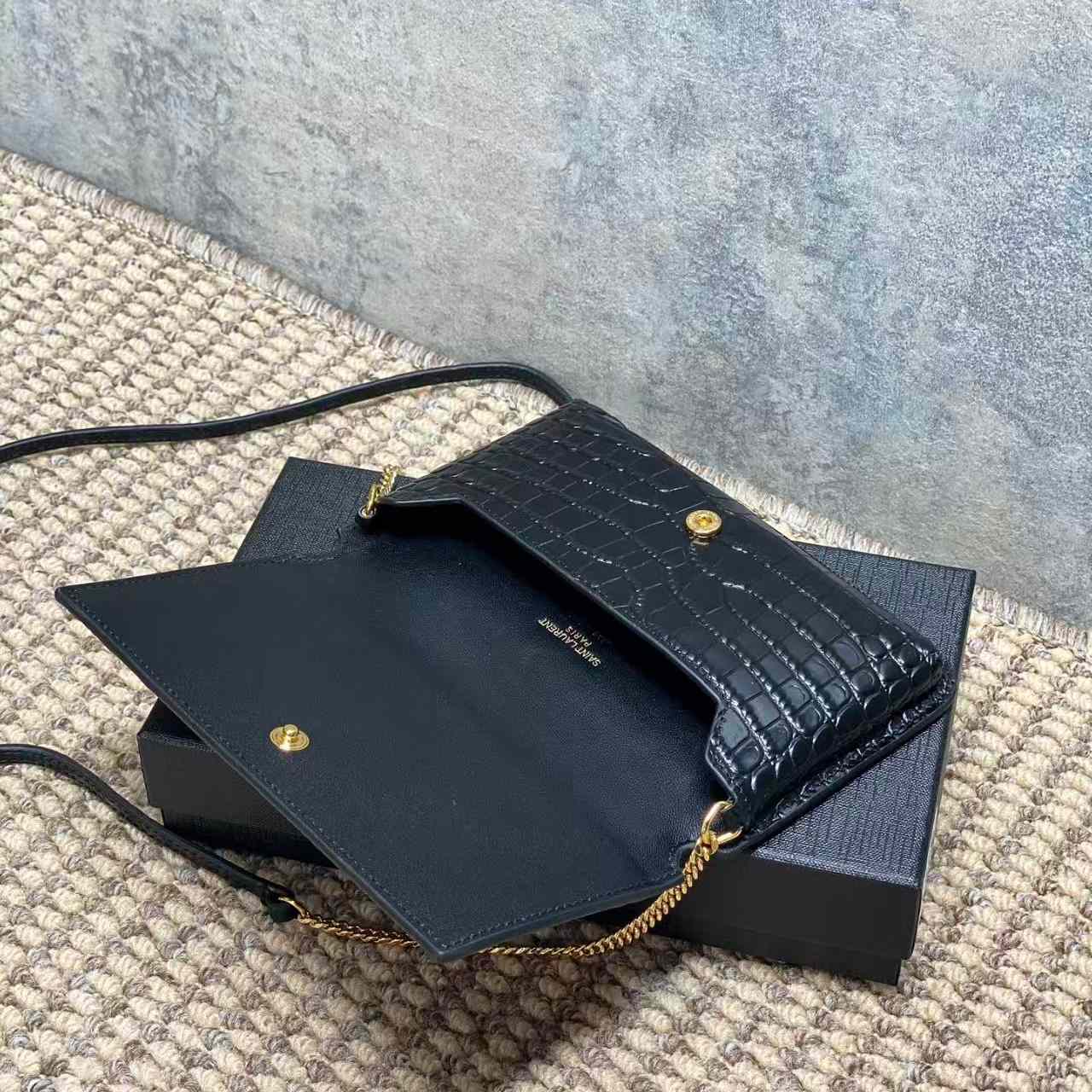 Saint Laurent CASSANDRE Phone Holder In SHINY Crocodile-Embossed Leather - DopestKickz
