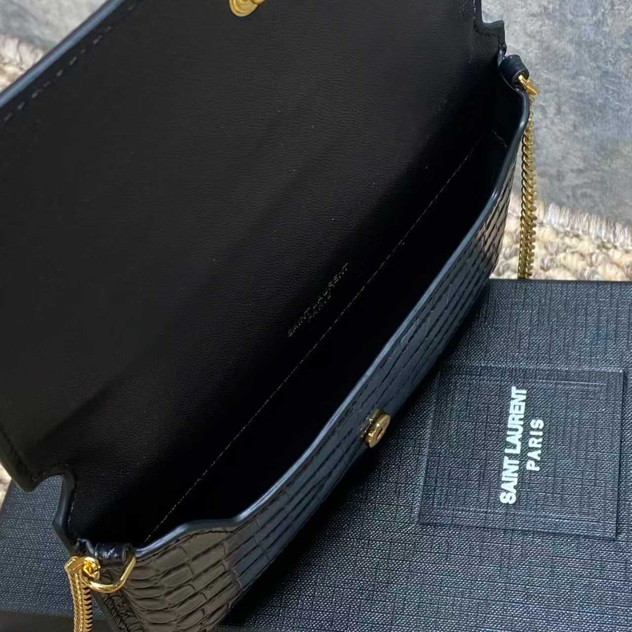Saint Laurent CASSANDRE Phone Holder In SHINY Crocodile-Embossed Leather - DopestKickz