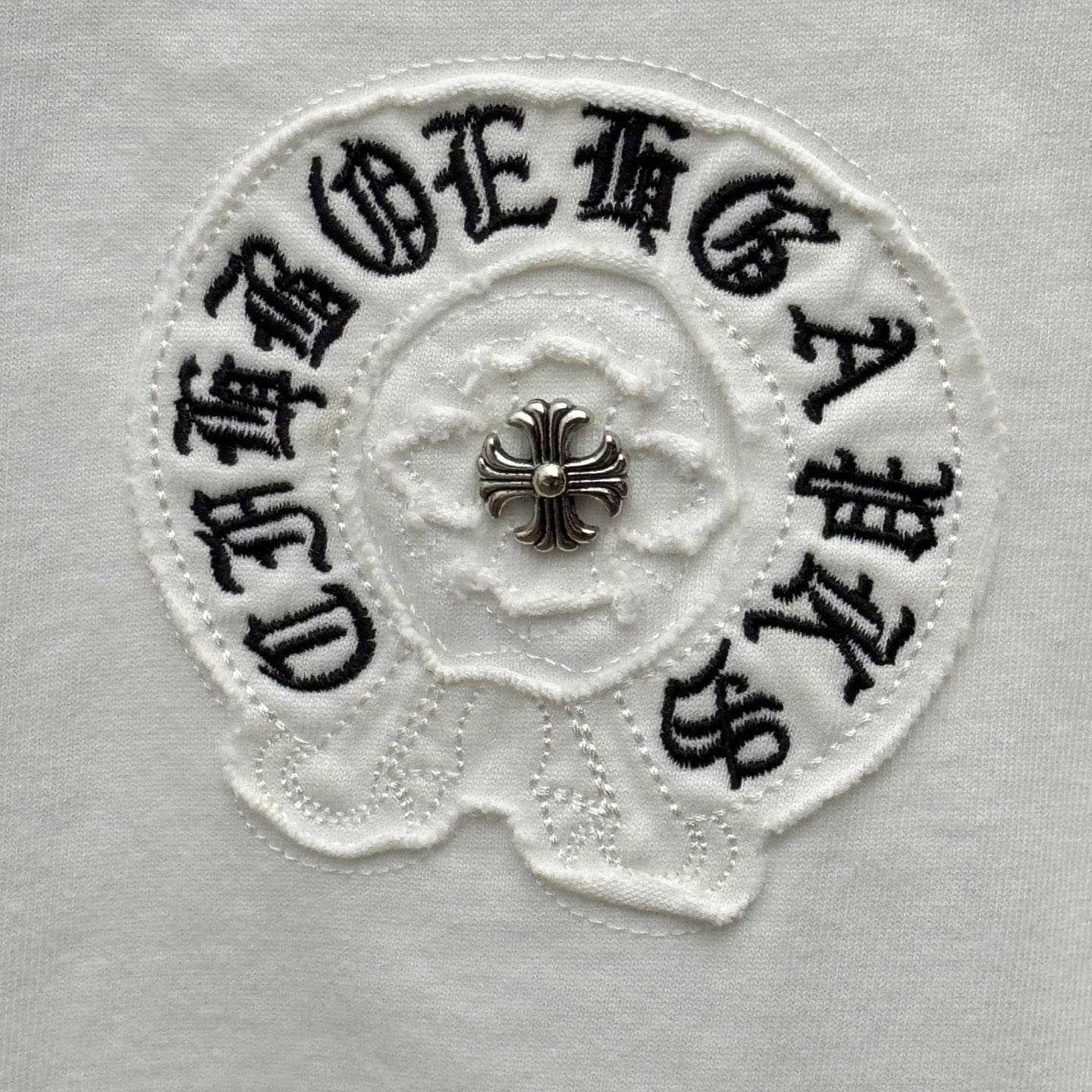 Chrome Hearts White Sanskrit Horseshoe Embroidered  T-Shirt - DopestKickz