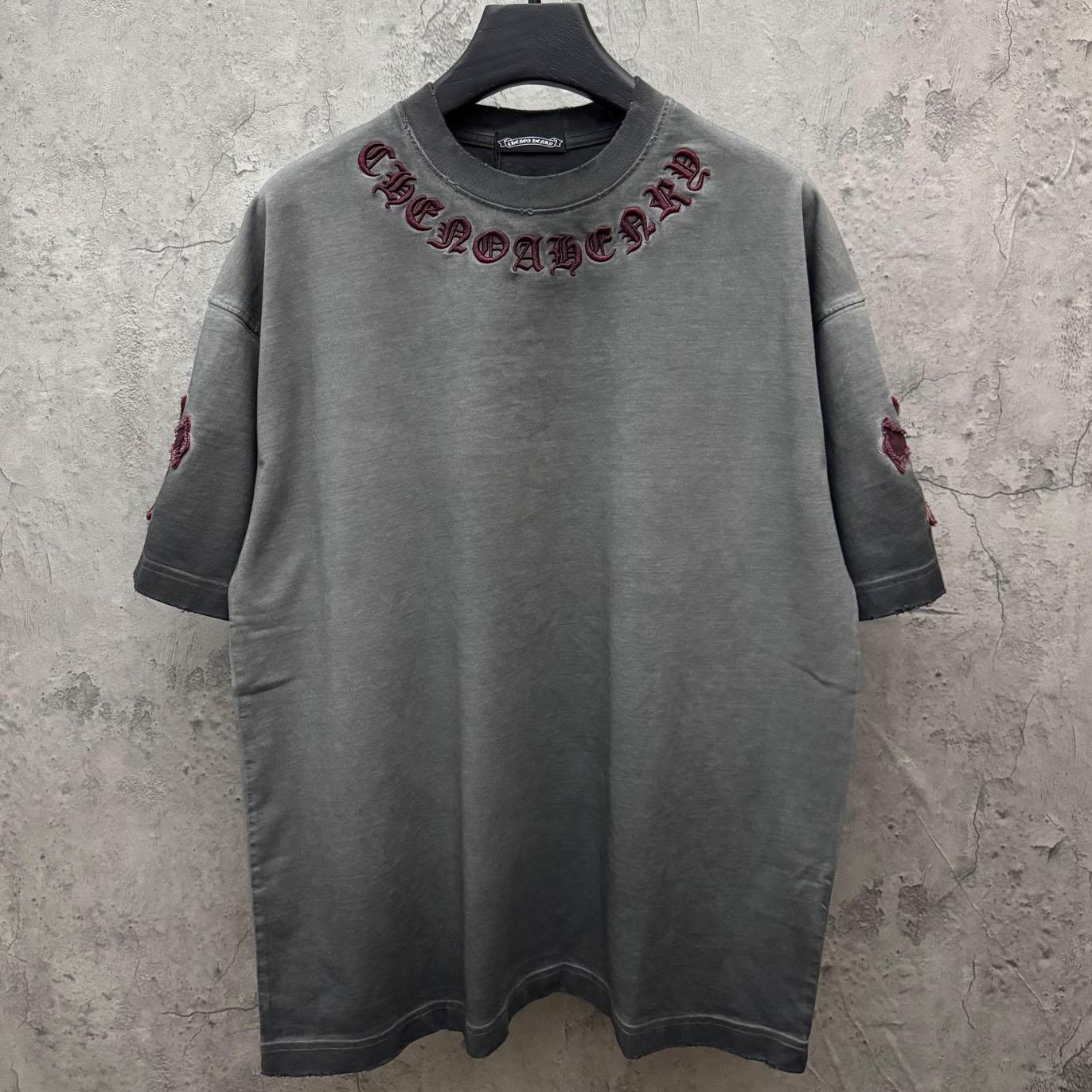 Chrome Hearts Grey Hand-Embroidered Distressed Cross  Crewneck Tee - DopestKickz