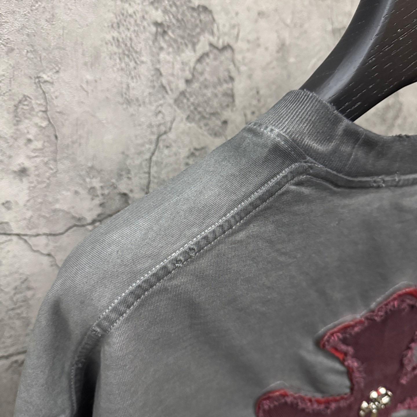 Chrome Hearts Grey Hand-Embroidered Distressed Cross  Crewneck Tee - DopestKickz