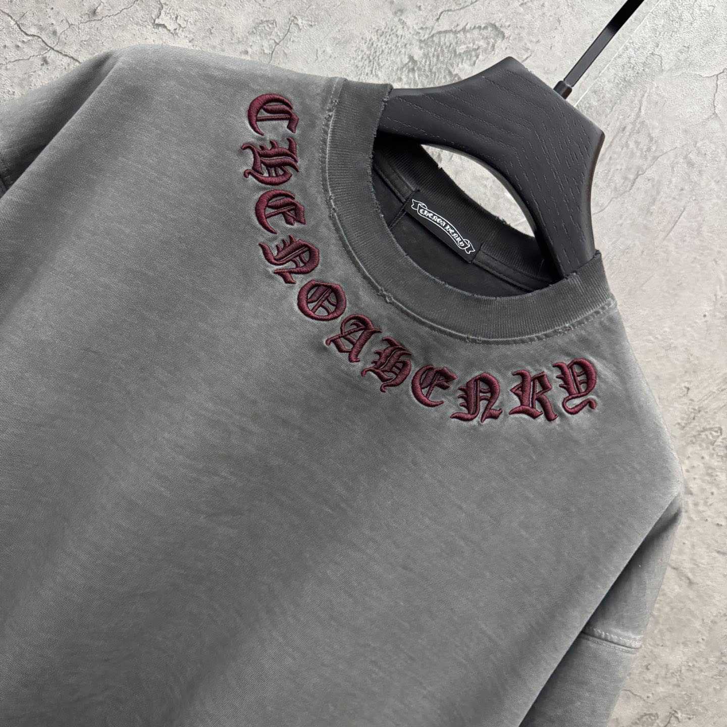 Chrome Hearts Grey Hand-Embroidered Distressed Cross  Crewneck Tee - DopestKickz