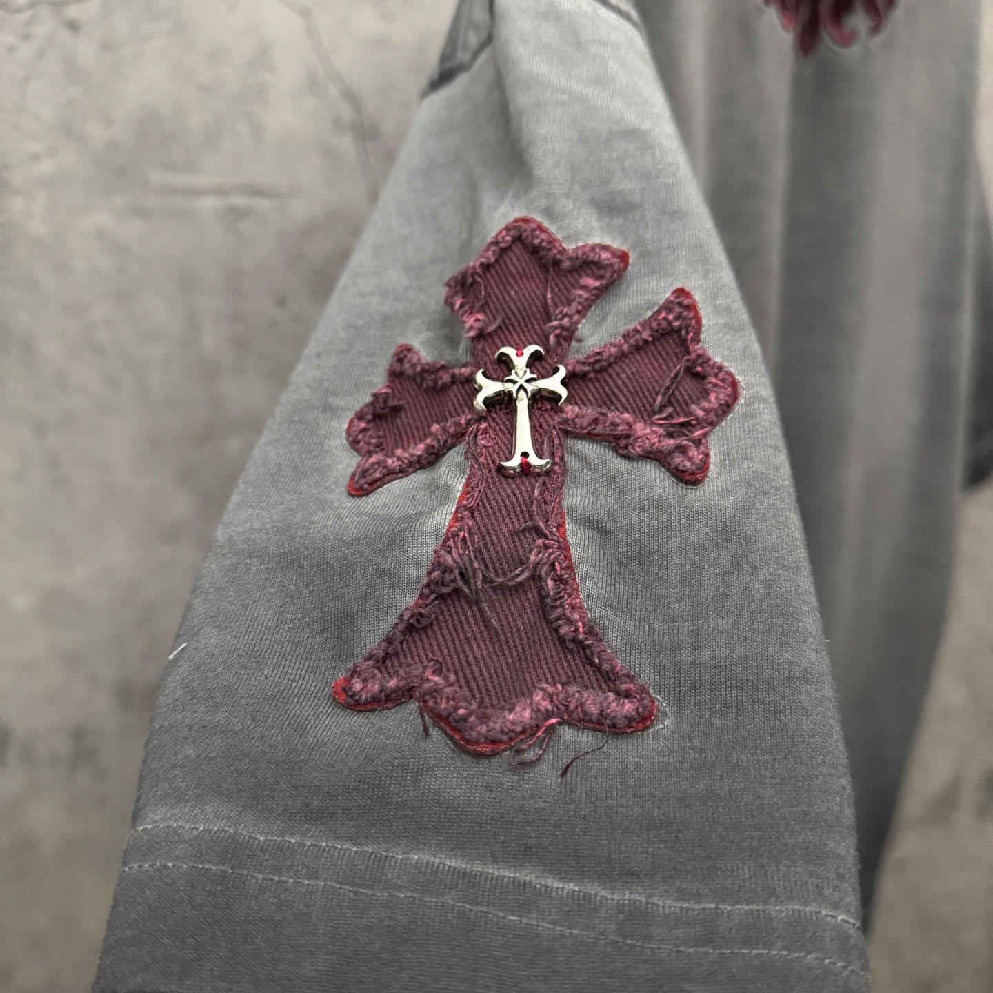 Chrome Hearts Grey Hand-Embroidered Distressed Cross  Crewneck Tee - DopestKickz