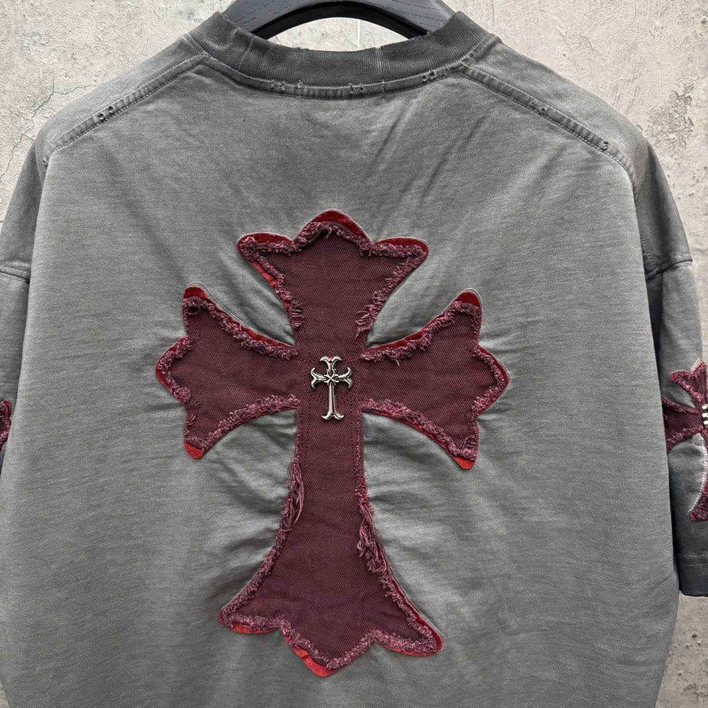 Chrome Hearts Grey Hand-Embroidered Distressed Cross  Crewneck Tee - DopestKickz