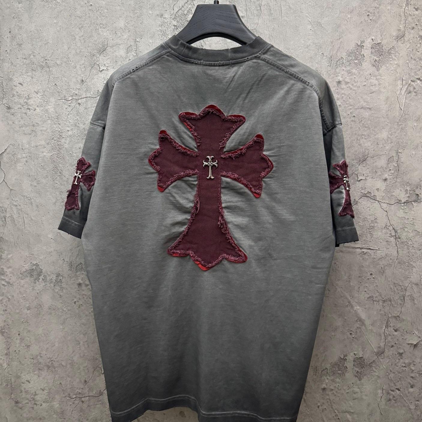 Chrome Hearts Grey Hand-Embroidered Distressed Cross  Crewneck Tee - DopestKickz
