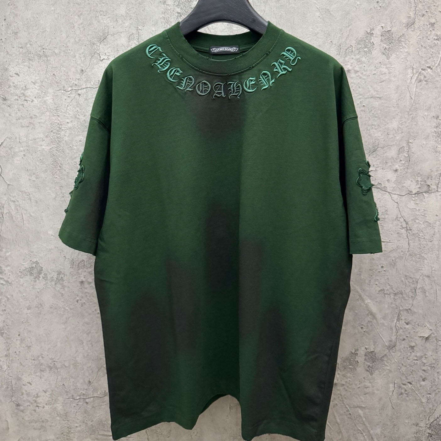 Chrome Hearts Green Hand-Embroidered Distressed Cross  Crewneck Tee - DopestKickz