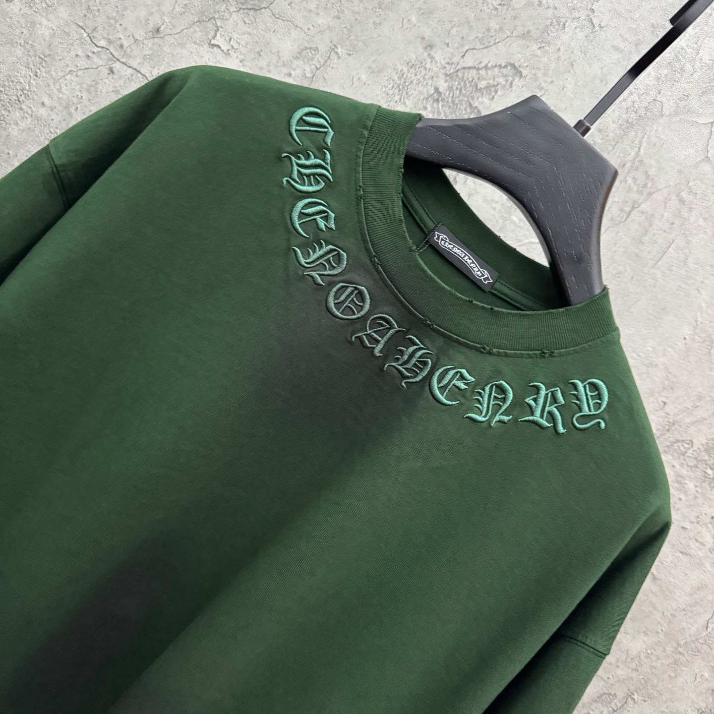 Chrome Hearts Green Hand-Embroidered Distressed Cross  Crewneck Tee - DopestKickz