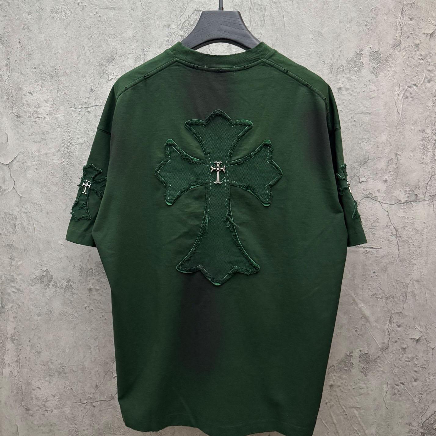 Chrome Hearts Green Hand-Embroidered Distressed Cross  Crewneck Tee - DopestKickz