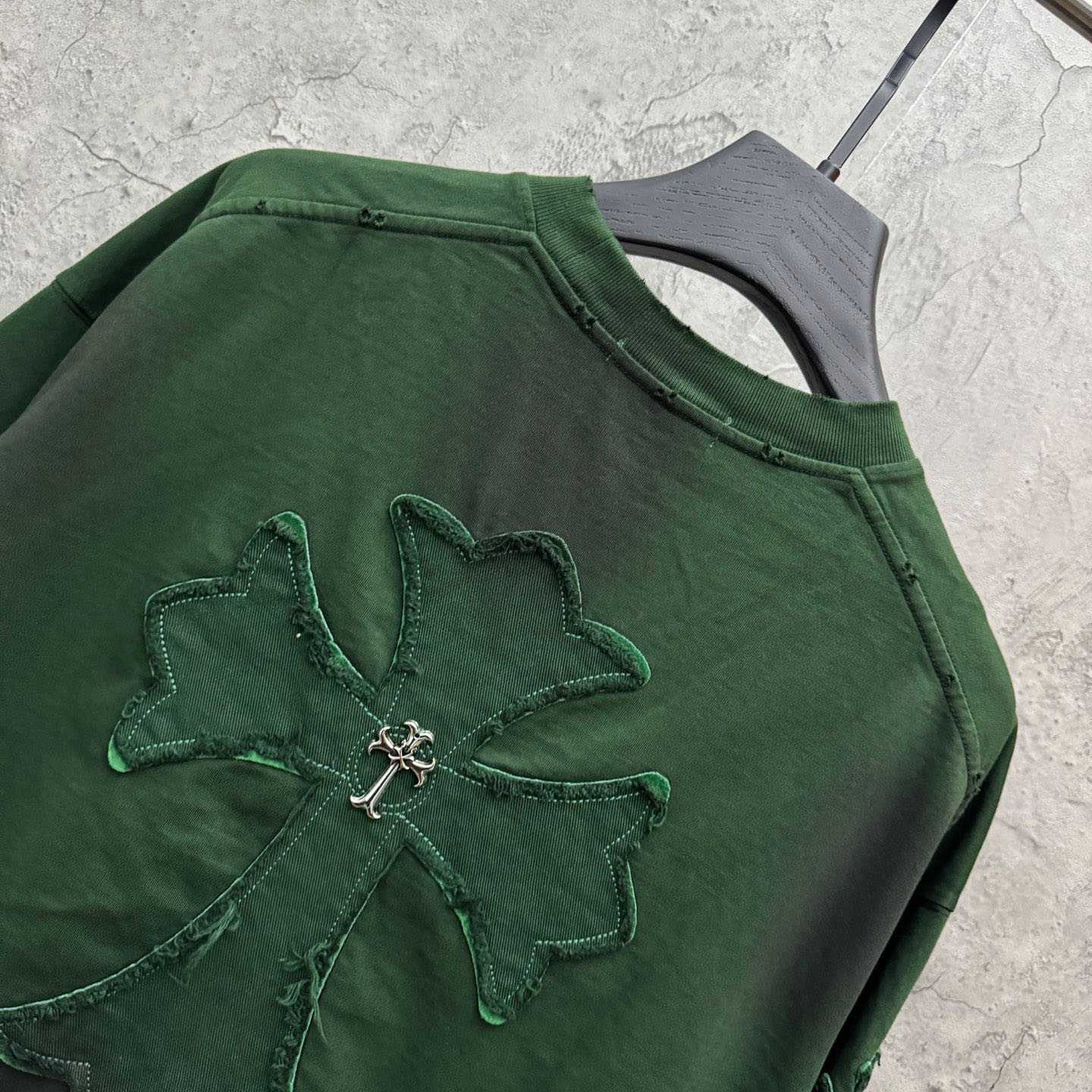 Chrome Hearts Green Hand-Embroidered Distressed Cross  Crewneck Tee - DopestKickz