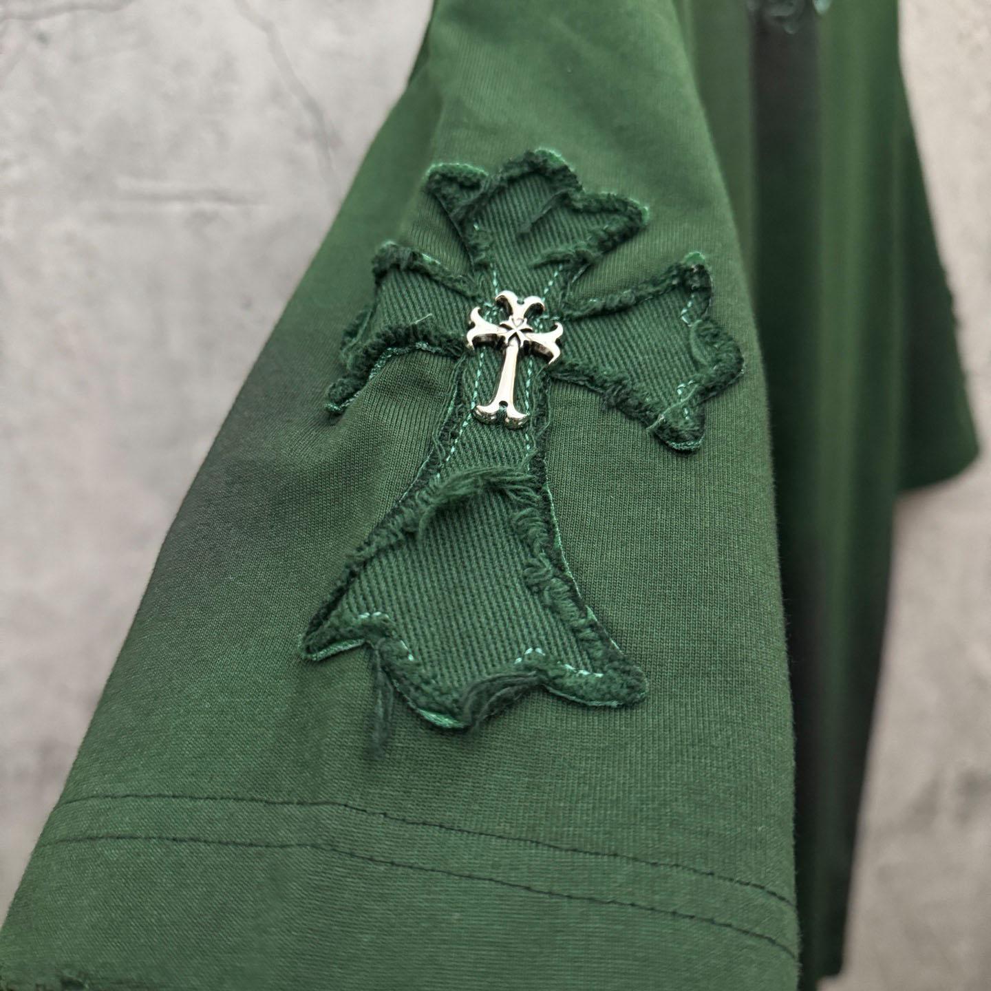 Chrome Hearts Green Hand-Embroidered Distressed Cross  Crewneck Tee - DopestKickz