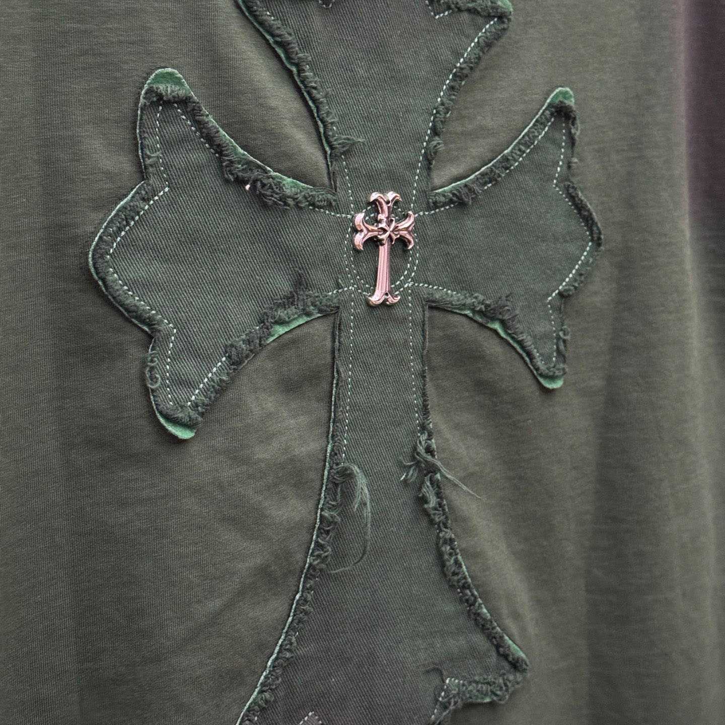 Chrome Hearts Green Hand-Embroidered Distressed Cross  Crewneck Tee - DopestKickz