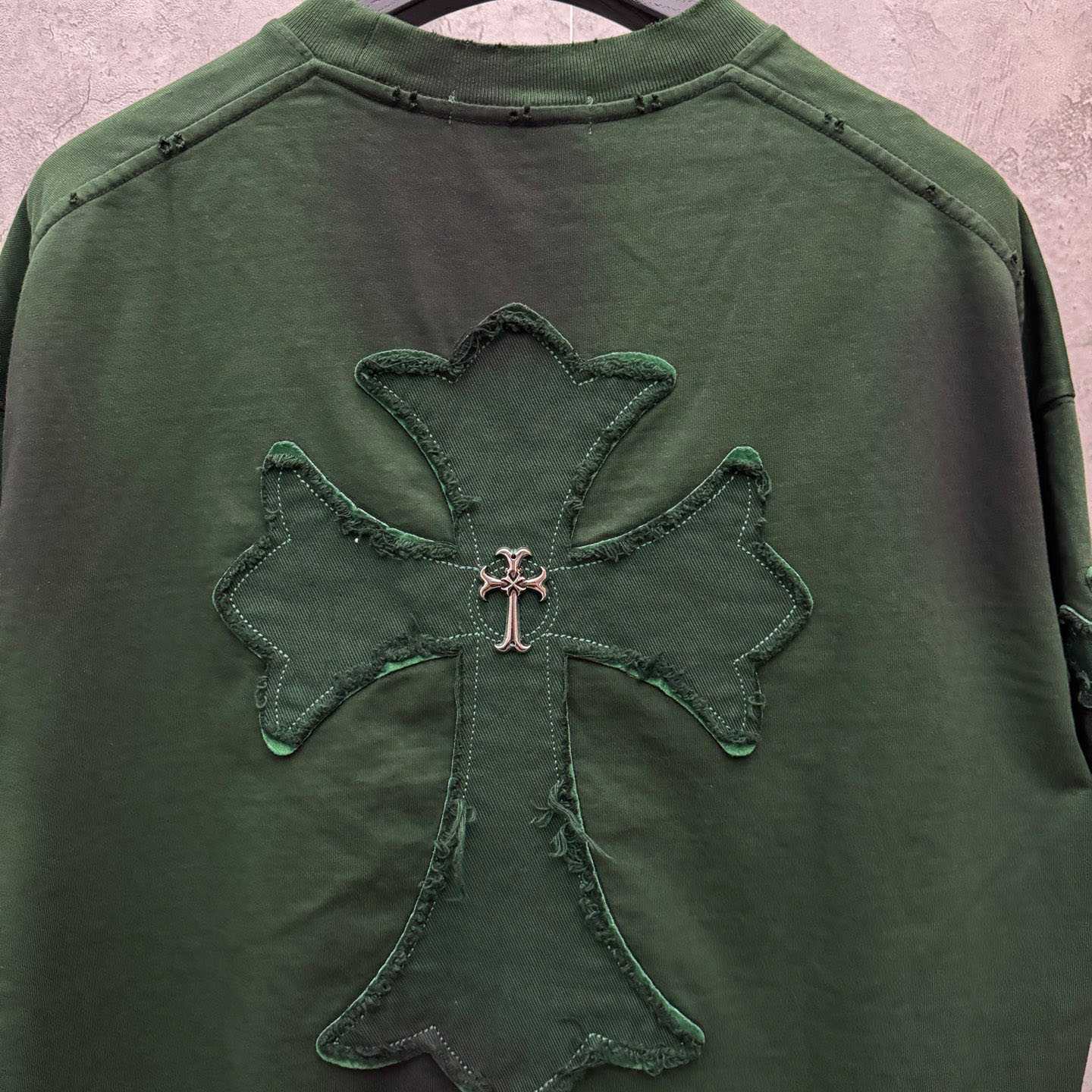 Chrome Hearts Green Hand-Embroidered Distressed Cross  Crewneck Tee - DopestKickz