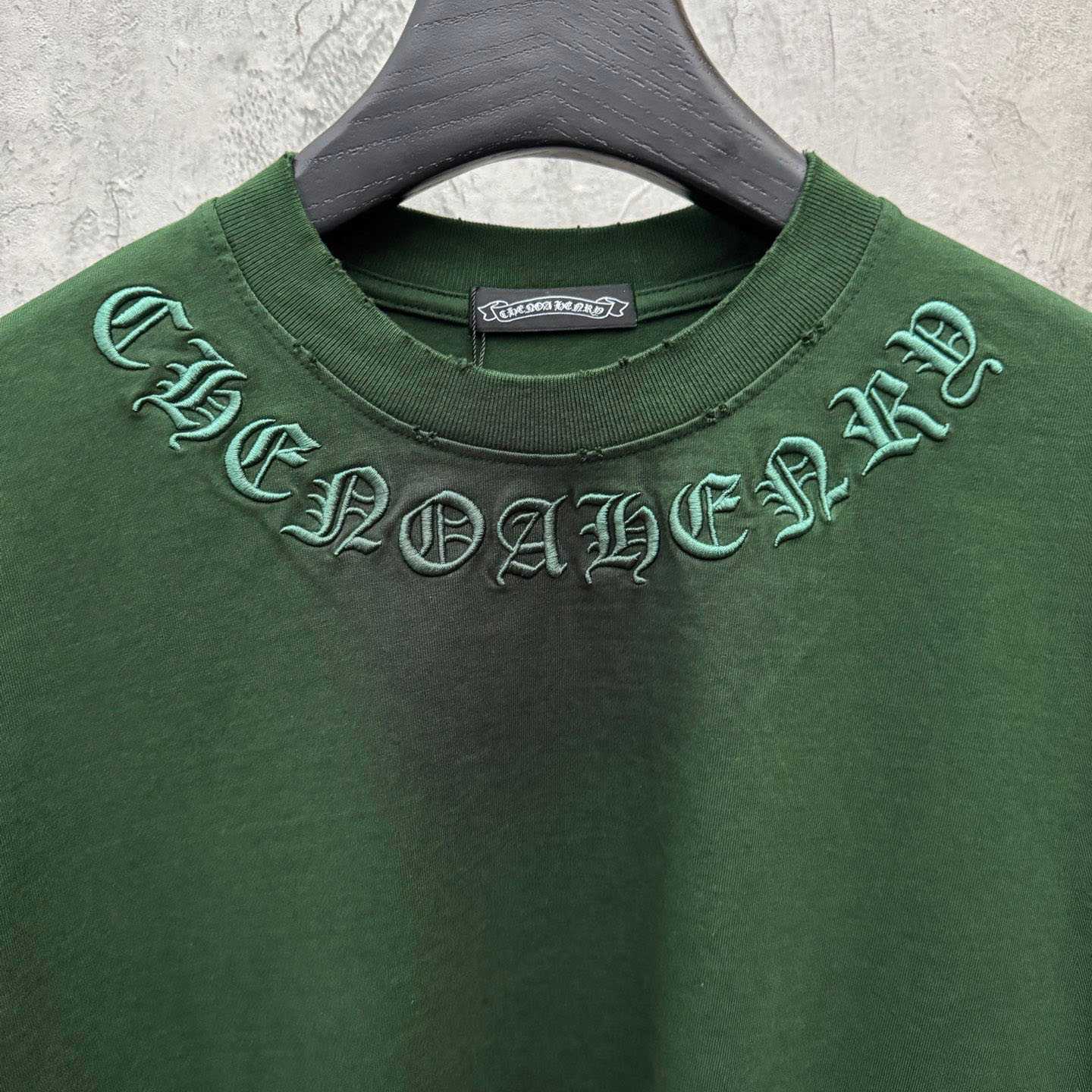 Chrome Hearts Green Hand-Embroidered Distressed Cross  Crewneck Tee - DopestKickz