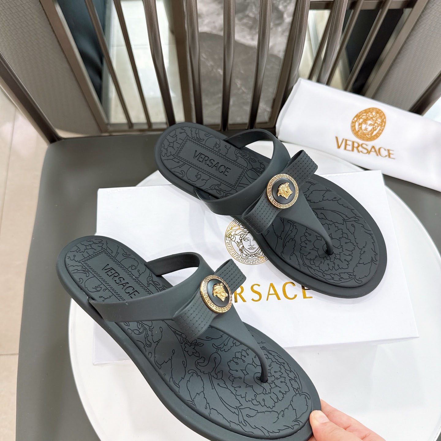 Versace Alia Medusa Embellished Slippers - DopestKickz