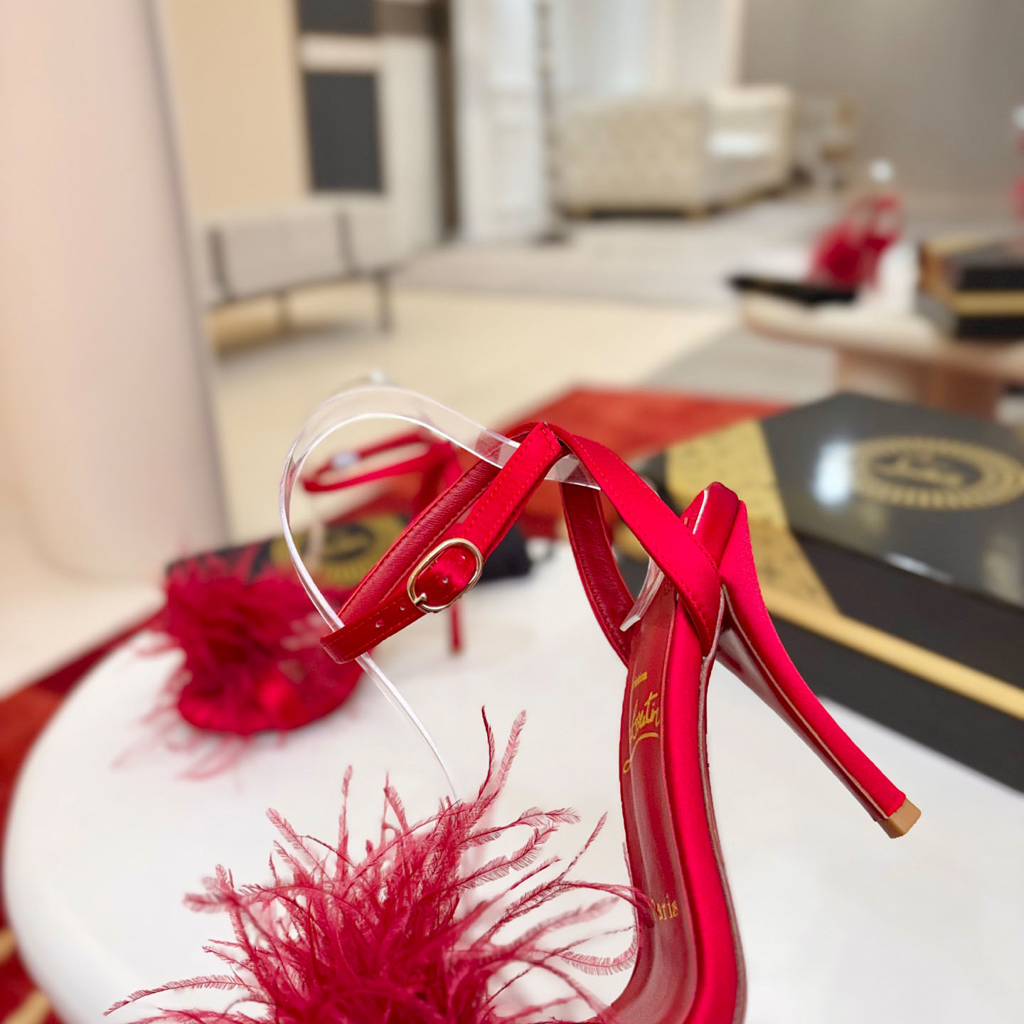 Christian Louboutin Miss Z Poupi 100 mm Strappy Sandals Crepe Satin Fever  - DopestKickz