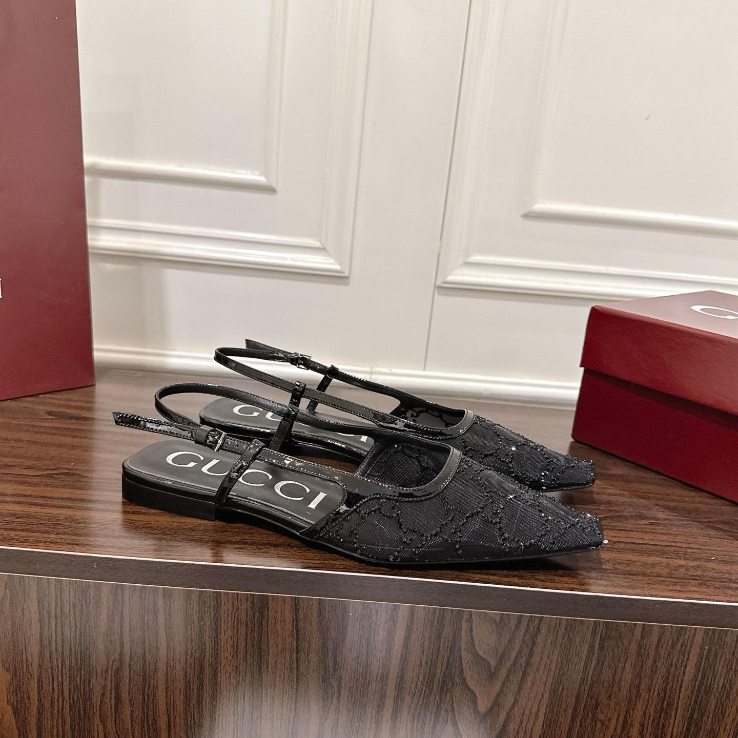 Gucci Suede Mesh Crystal GG Monogram Slingback Ballet Flats - DopestKickz