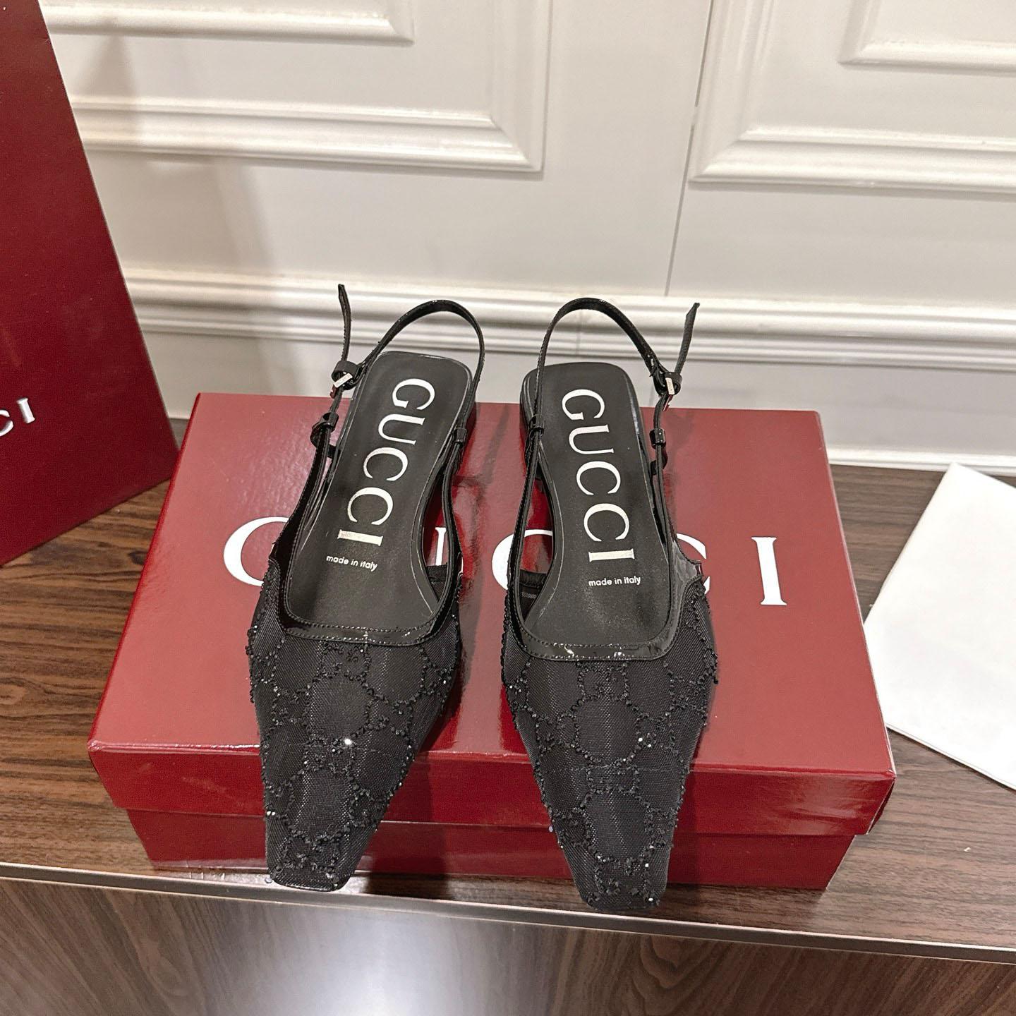 Gucci Suede Mesh Crystal GG Monogram Slingback Ballet Flats - DopestKickz