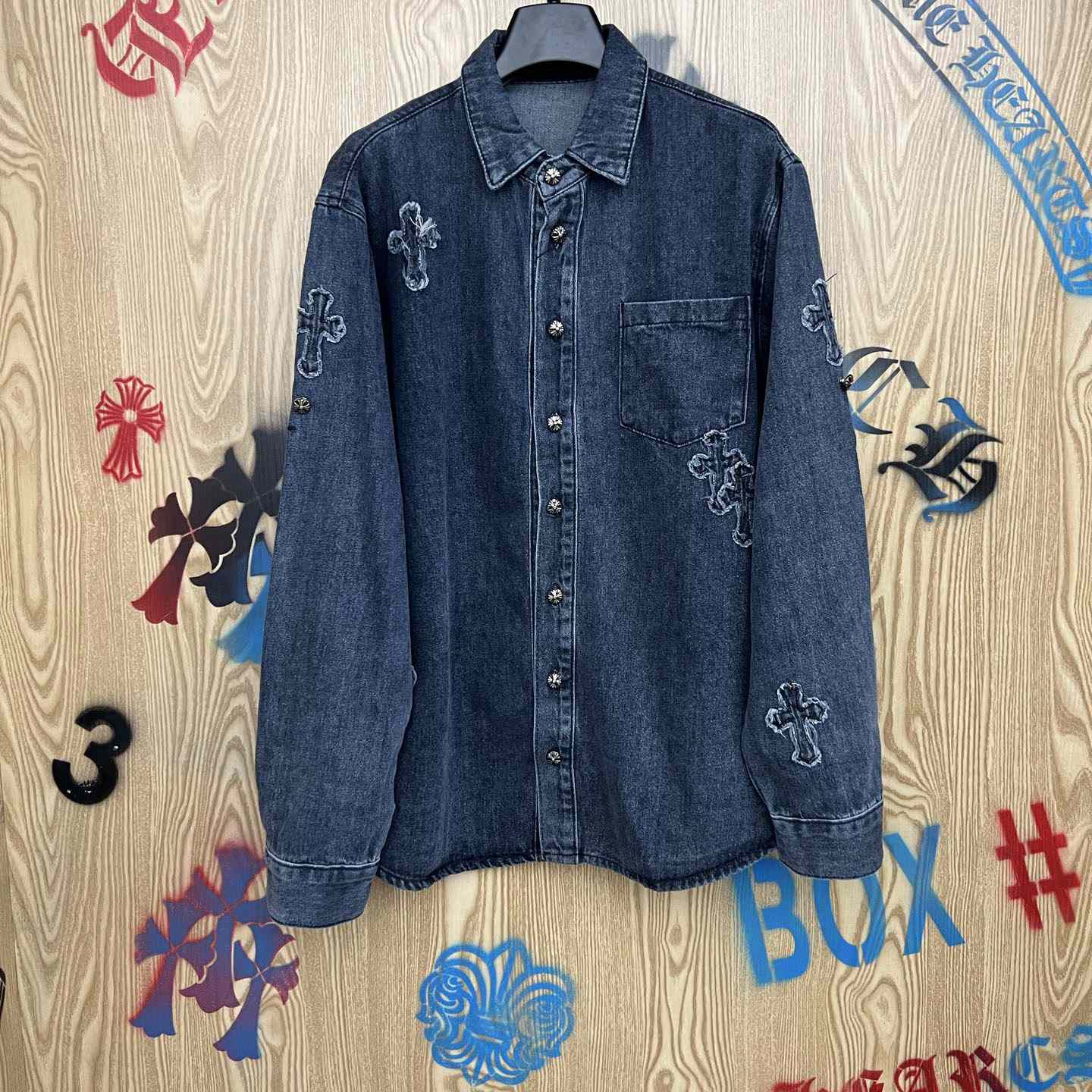 Chrome Hearts  Cross Patch Denim Long Sleeve Shirt - DopestKickz