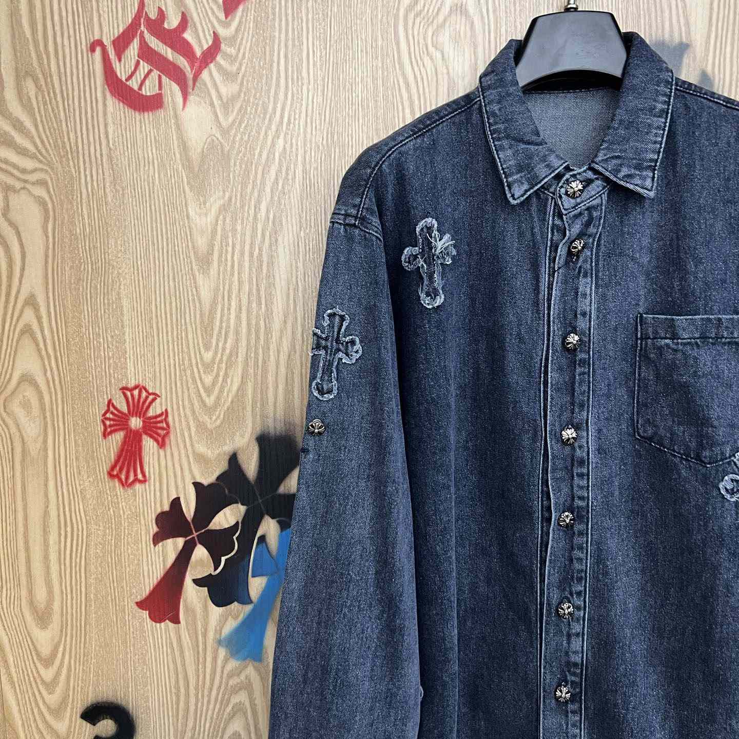 Chrome Hearts  Cross Patch Denim Long Sleeve Shirt - DopestKickz