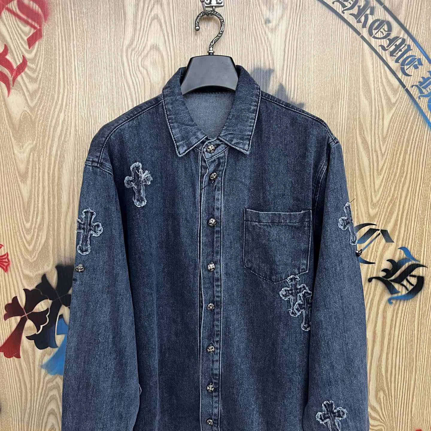 Chrome Hearts  Cross Patch Denim Long Sleeve Shirt - DopestKickz