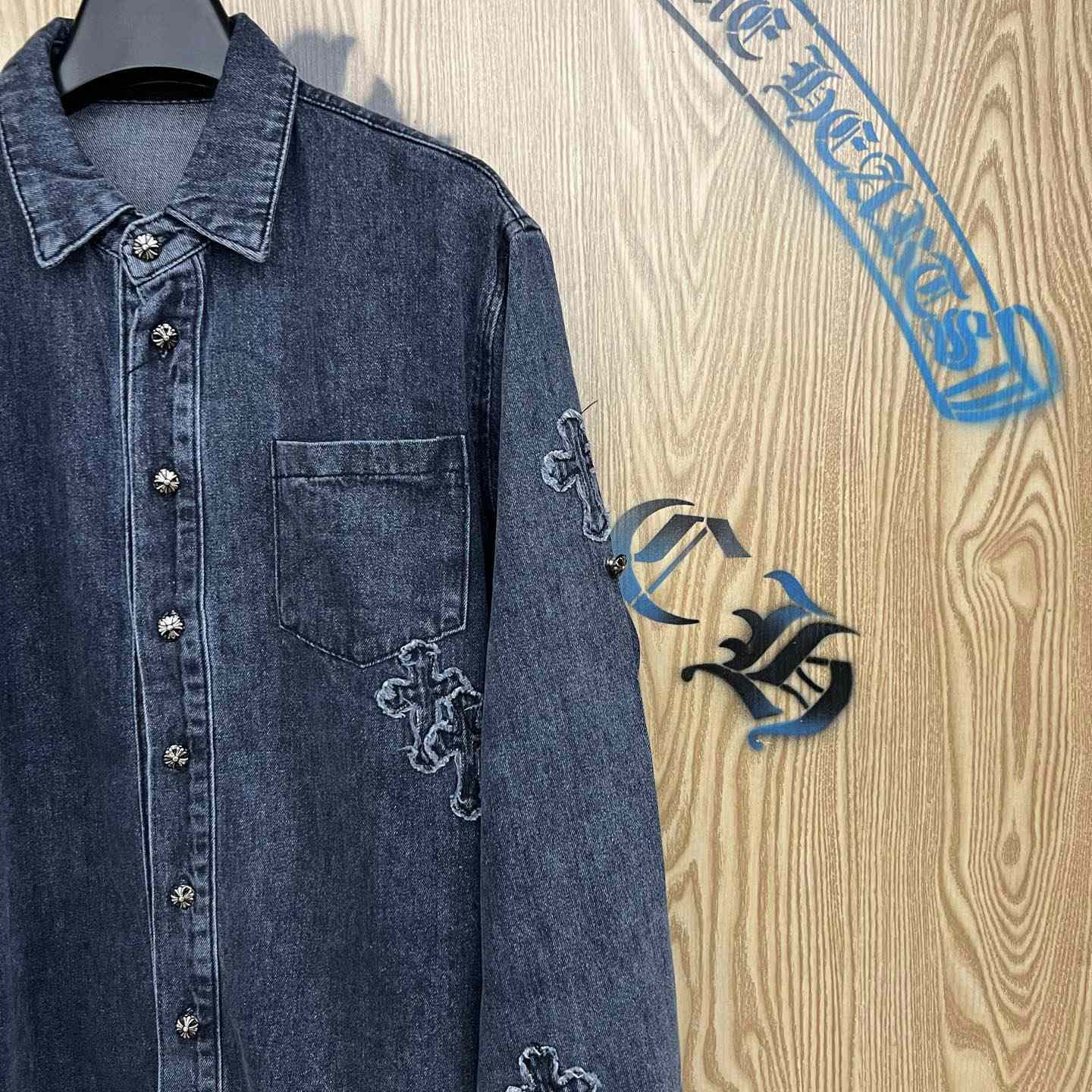 Chrome Hearts  Cross Patch Denim Long Sleeve Shirt - DopestKickz