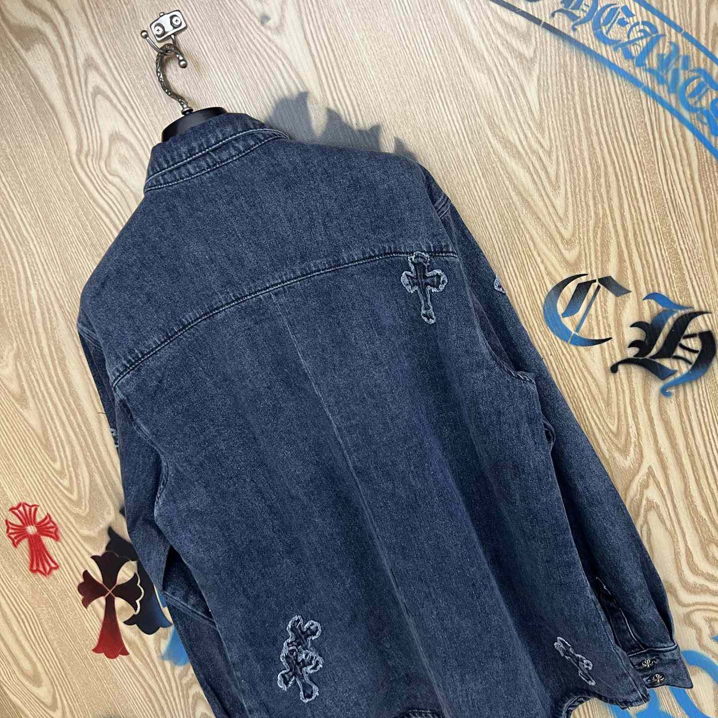 Chrome Hearts  Cross Patch Denim Long Sleeve Shirt - DopestKickz