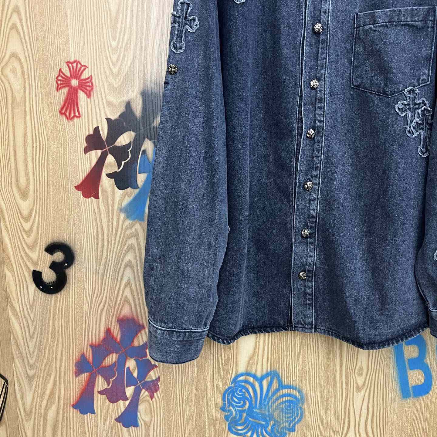 Chrome Hearts  Cross Patch Denim Long Sleeve Shirt - DopestKickz