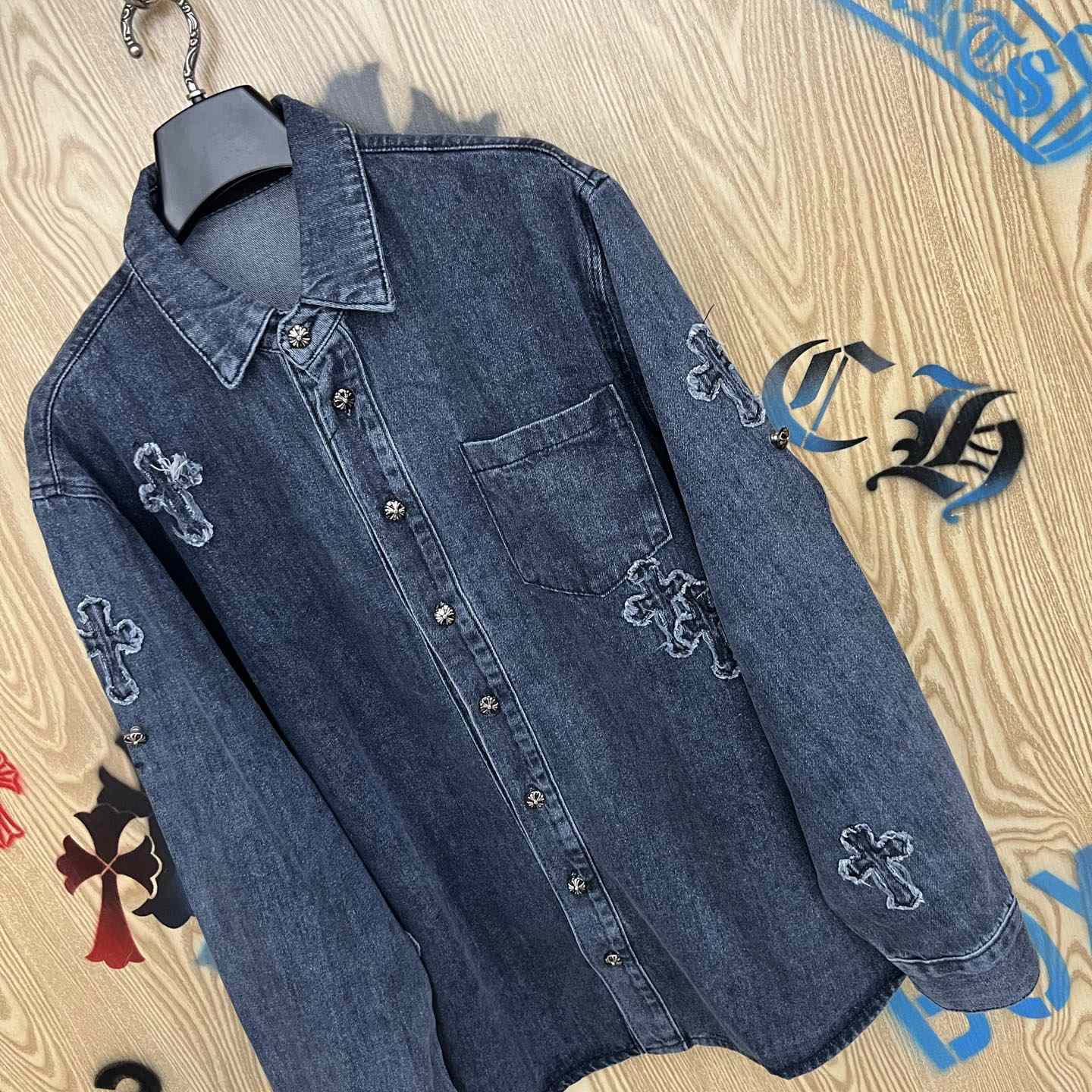 Chrome Hearts  Cross Patch Denim Long Sleeve Shirt - DopestKickz