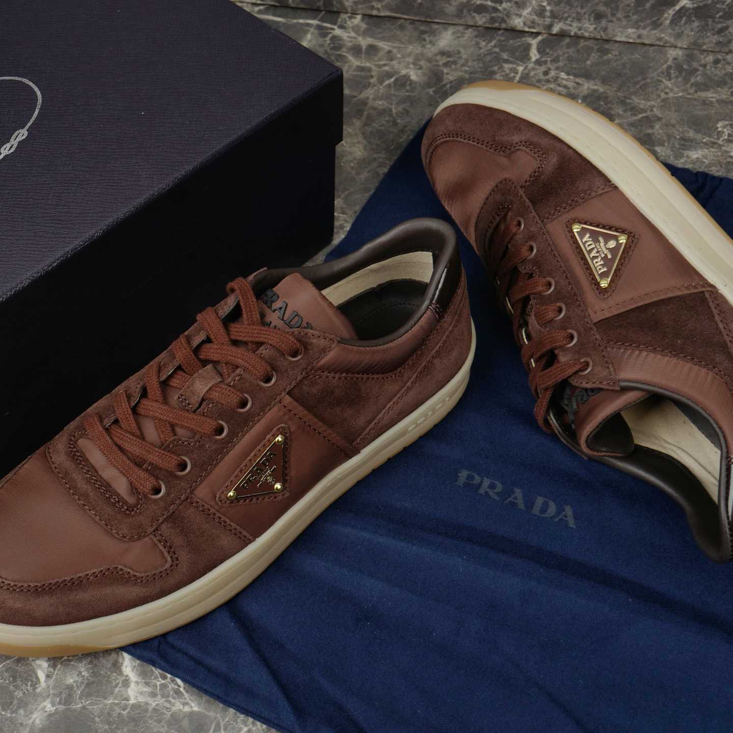 Prada Downtown Re-Nylon And Suede Sneakers - DopestKickz