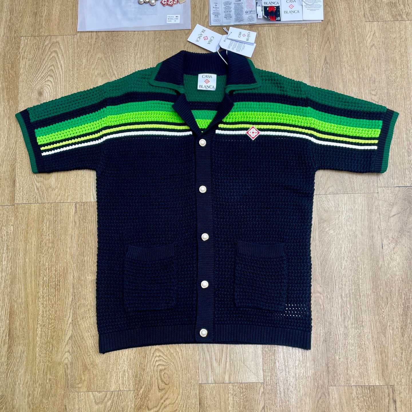 Casablanca Black & Green Striped Short Sleeve Crochet Shirt  Z6045 - DopestKickz