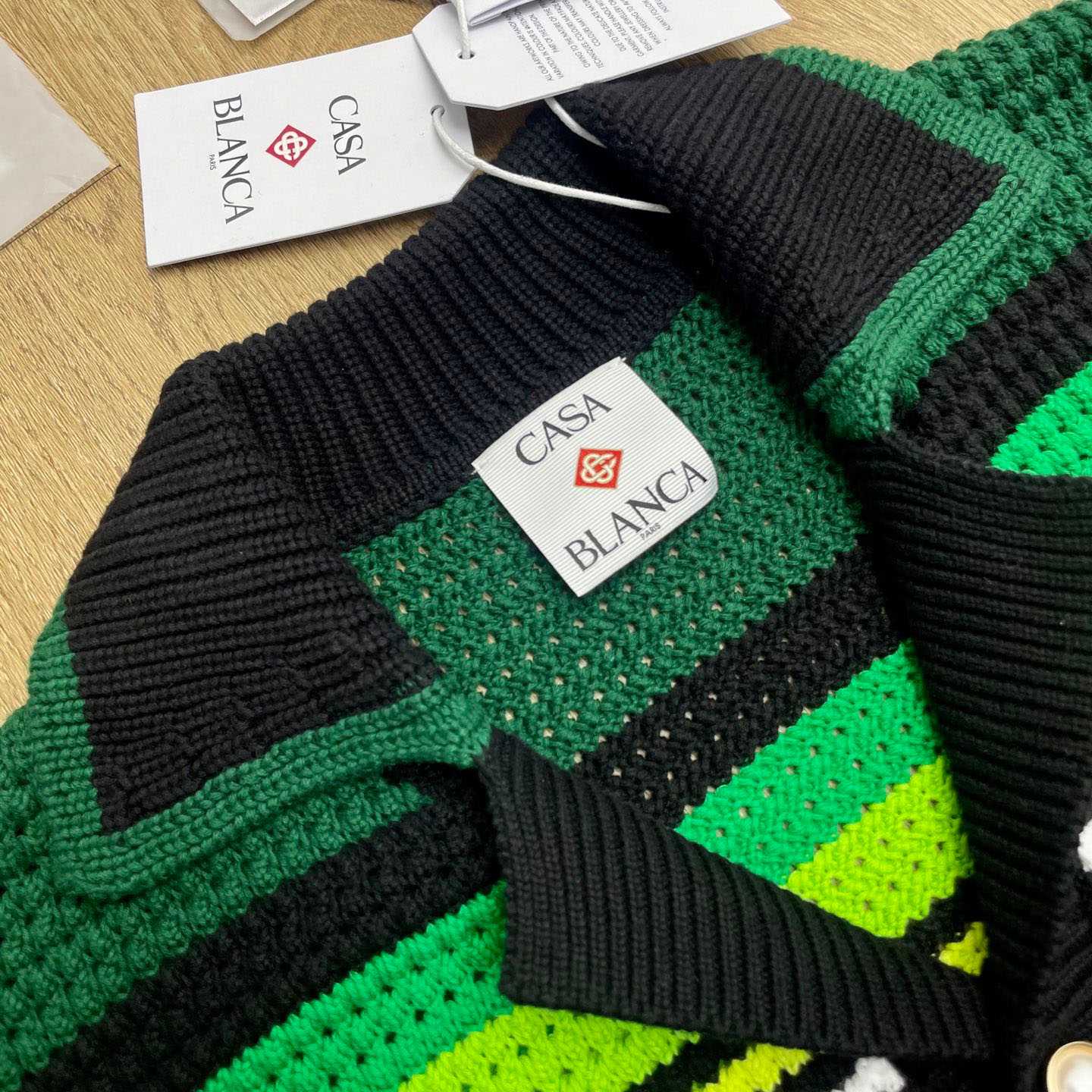 Casablanca Black & Green Striped Short Sleeve Crochet Shirt  Z6045 - DopestKickz