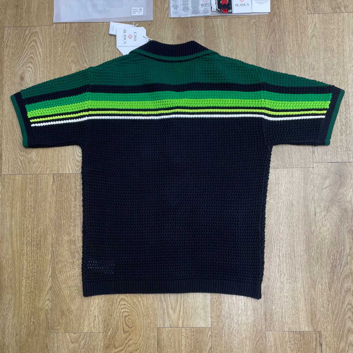 Casablanca Black & Green Striped Short Sleeve Crochet Shirt  Z6045 - DopestKickz