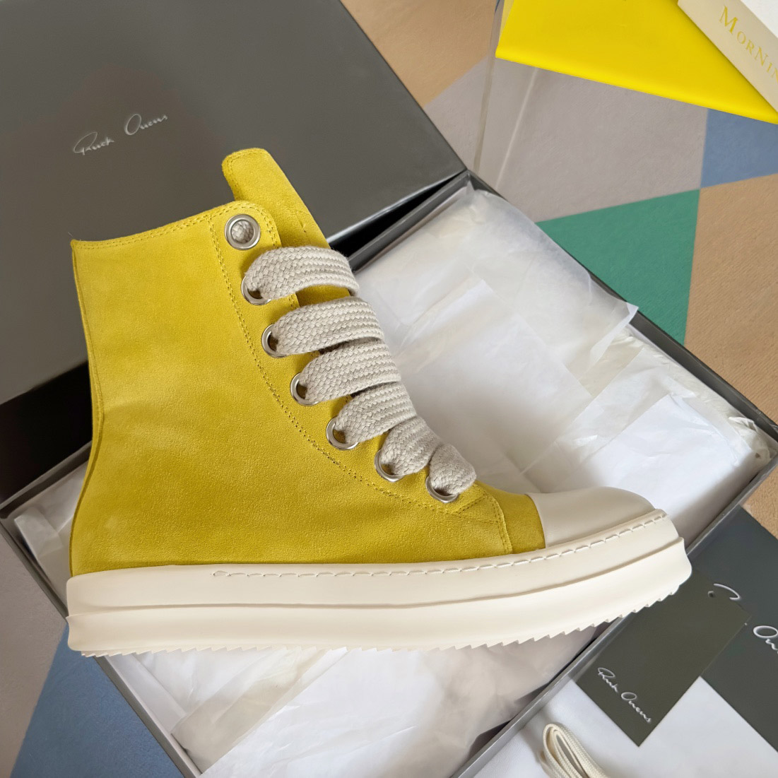 Rick Owens Yellow High Sneakers - DopestKickz