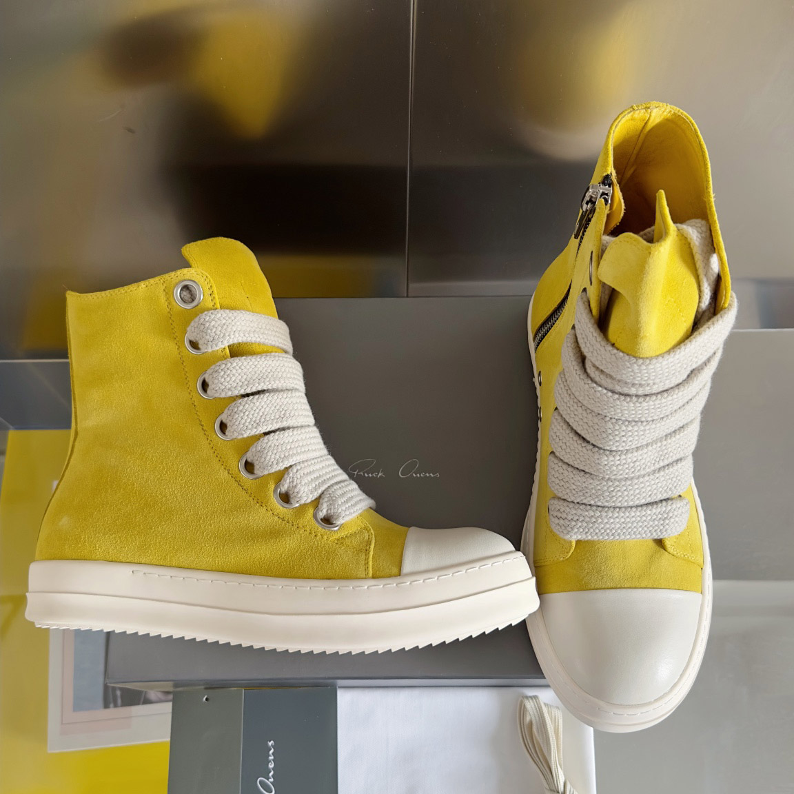 Rick Owens Yellow High Sneakers - DopestKickz