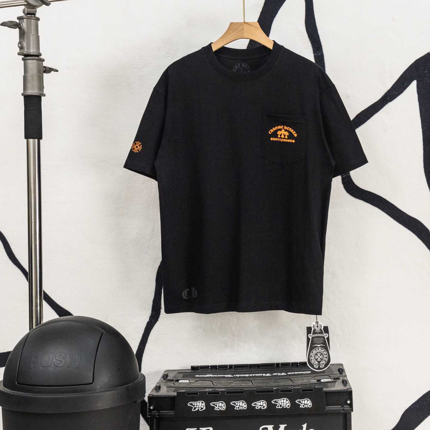 Chrome Hearts Triple Cross Hollywood Pocket Tee 'Black/Orange' - DopestKickz