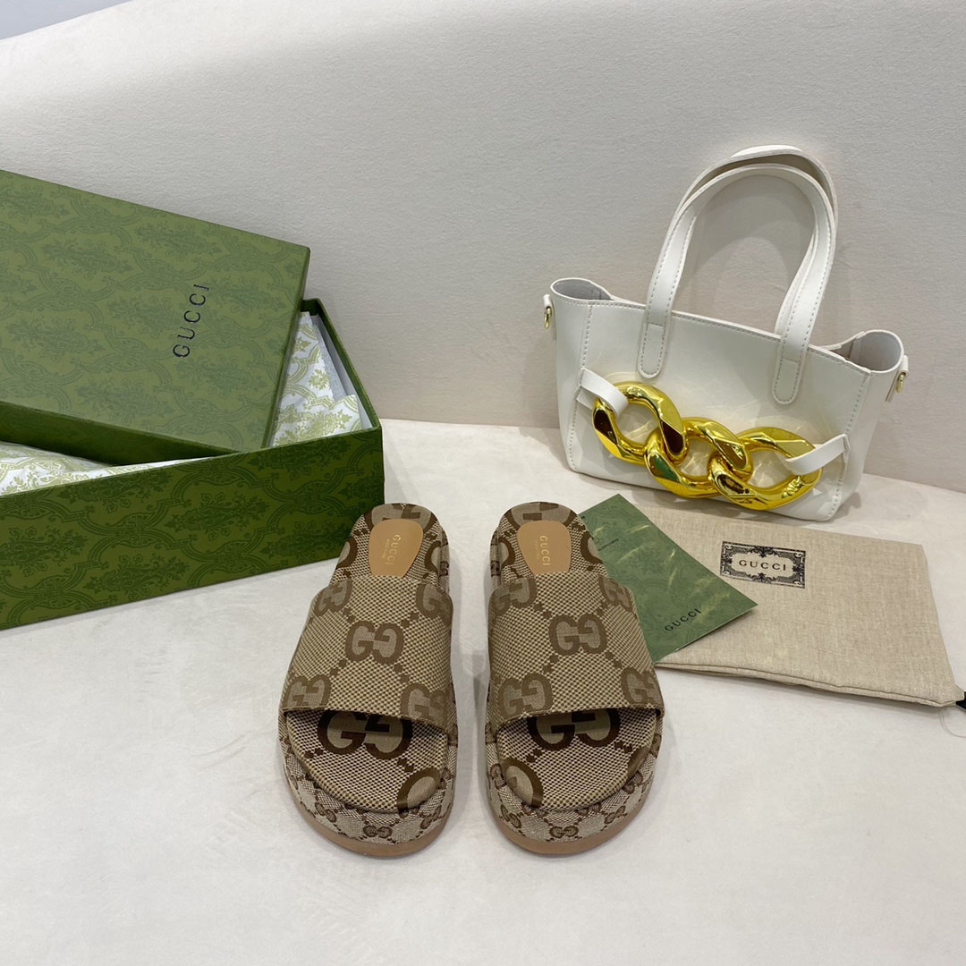  Gucci Wmns GG Lame Platform Slide Sandal 'Camel Monogram' - DopestKickz