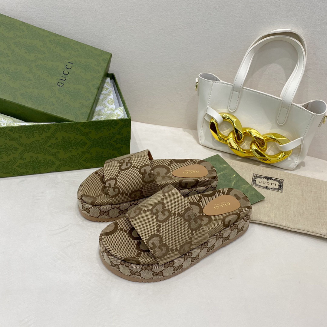  Gucci Wmns GG Lame Platform Slide Sandal 'Camel Monogram' - DopestKickz