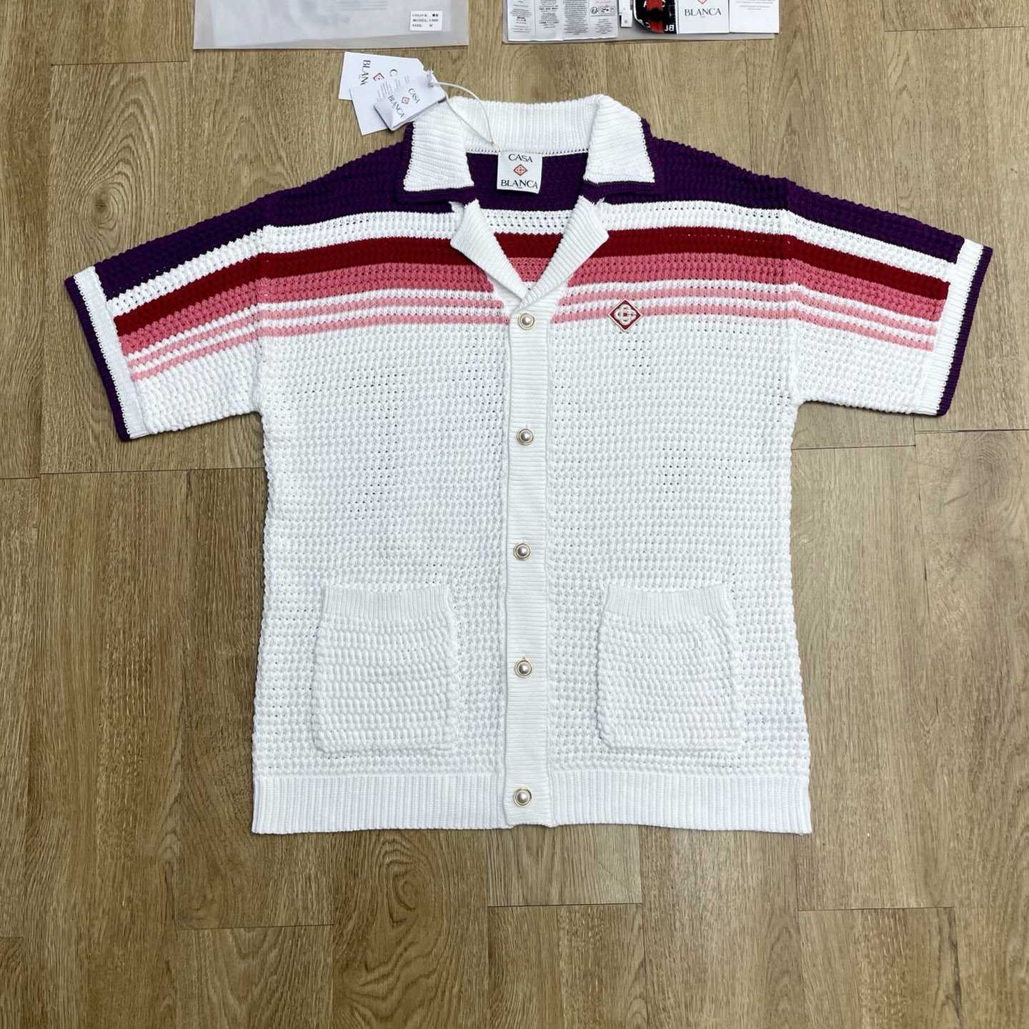 Casablanca White & Pink Stripe Short Sleeve Crochet Shirt D0202 - DopestKickz