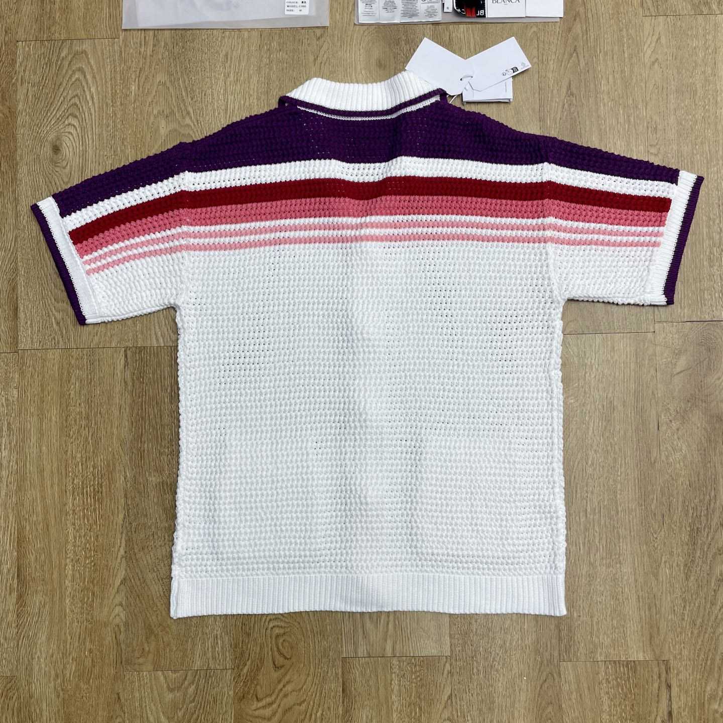Casablanca White & Pink Stripe Short Sleeve Crochet Shirt D0202 - DopestKickz