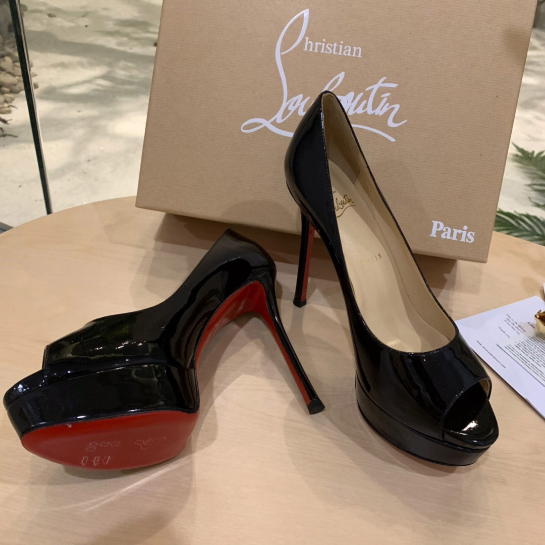 Christian Louboutin Fetish Peep Black Patent Platform Sandal Heel Pump - DopestKickz