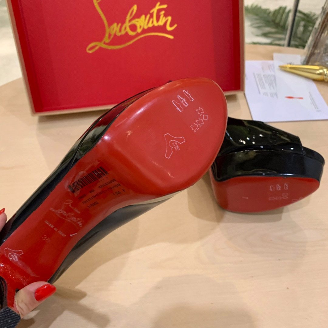 Christian Louboutin Fetish Peep Black Patent Platform Sandal Heel Pump - DopestKickz