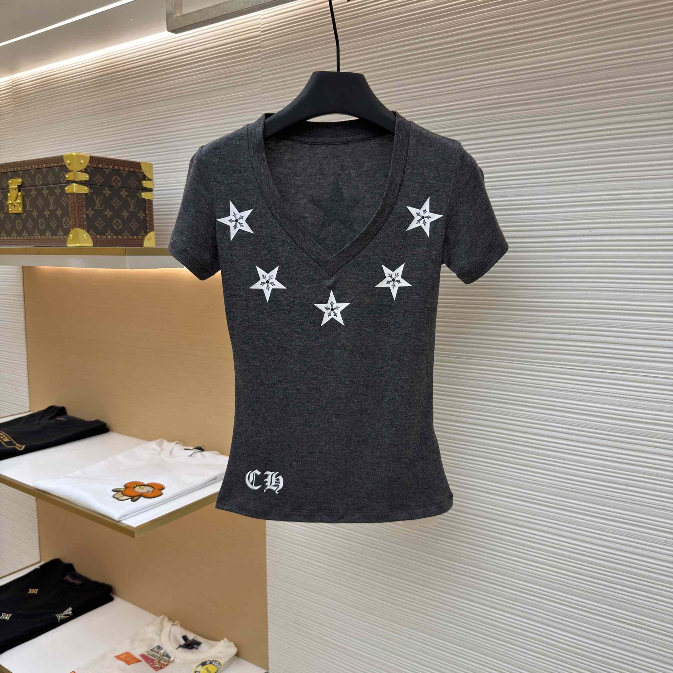 Chrome Hearts Multi-Star V-Neck T-Shirt - Grey  - DopestKickz