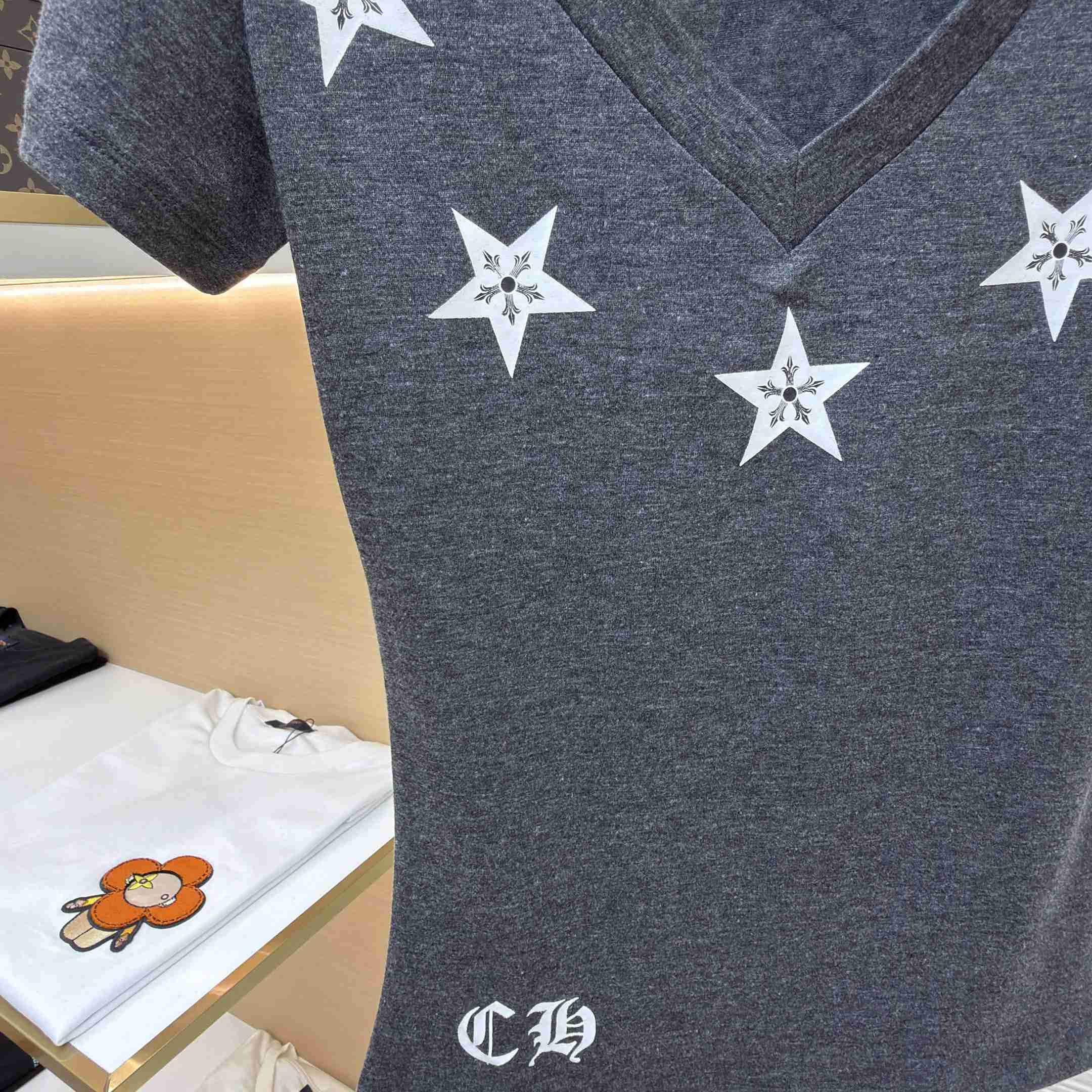 Chrome Hearts Multi-Star V-Neck T-Shirt - Grey  - DopestKickz