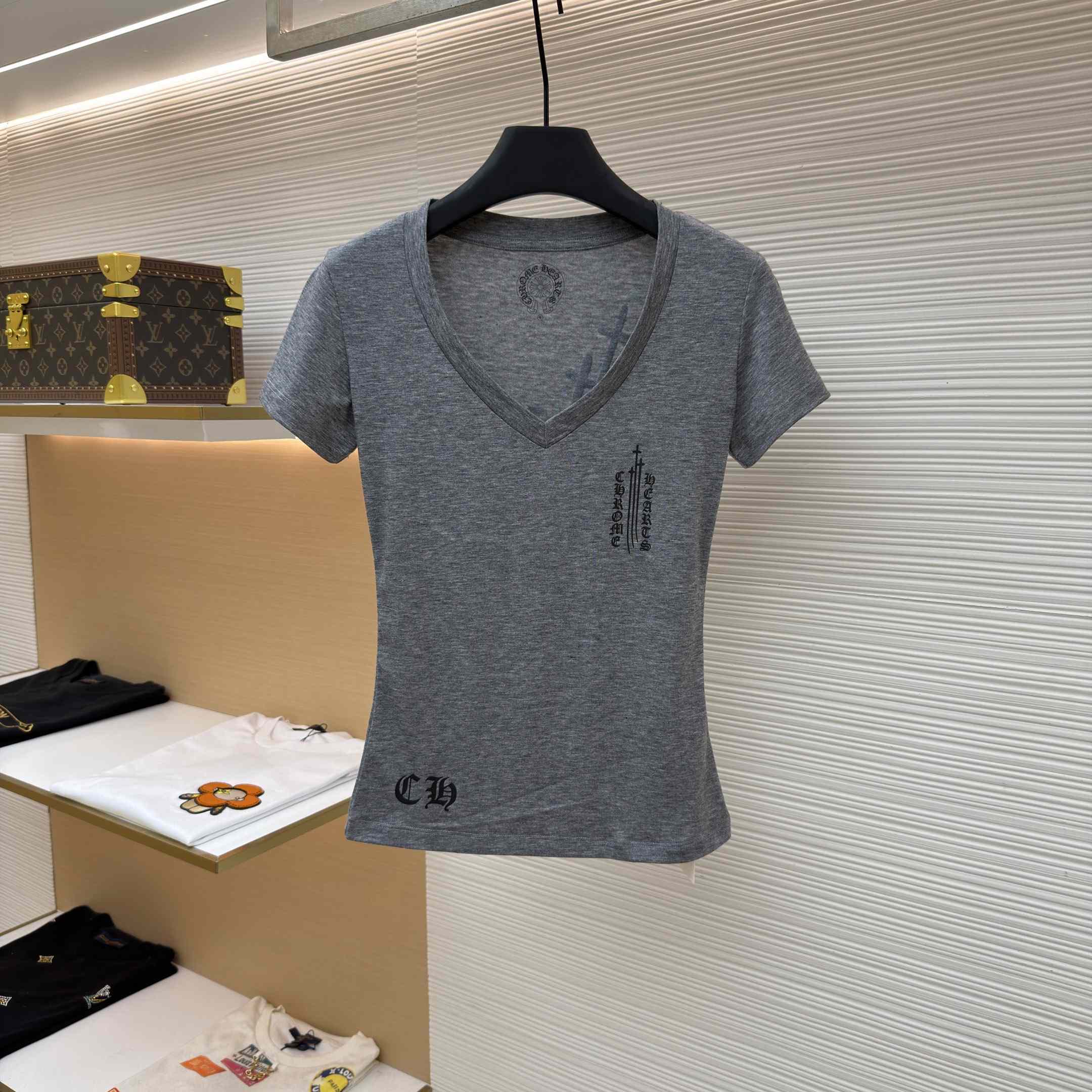 Chrome Hearts V Neck  T-Shirt 'Grey' - DopestKickz