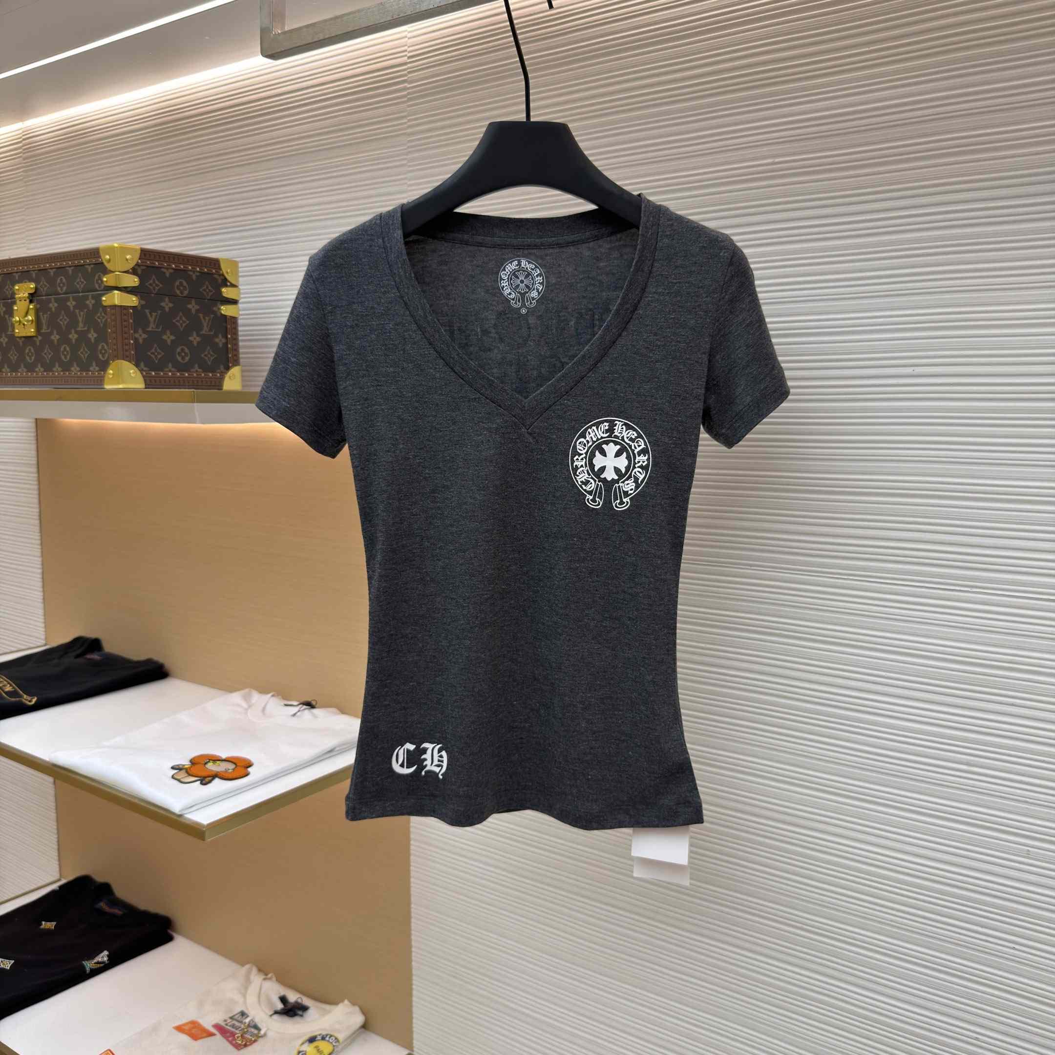 Chrome Hearts V-Neck T-Shirt 'Grey' - DopestKickz